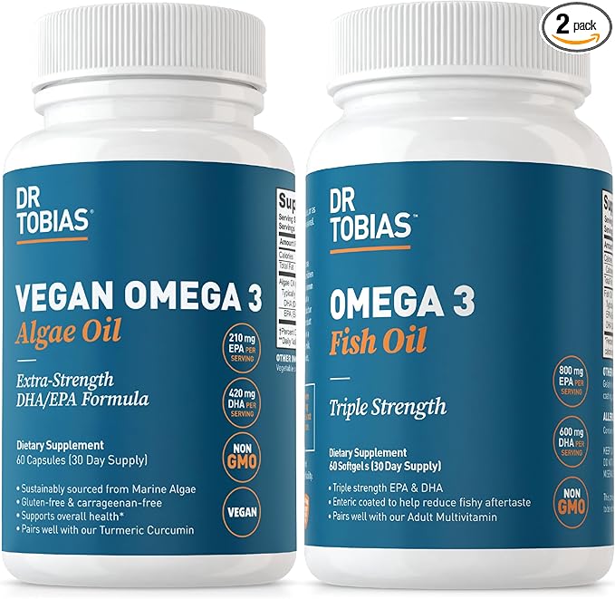 Dr. Tobias Vegan Omega 3 Algae Oil and Omega 3 Fish Oil 2 Options for Comprehensive Fatty Acid Support Non-GMO