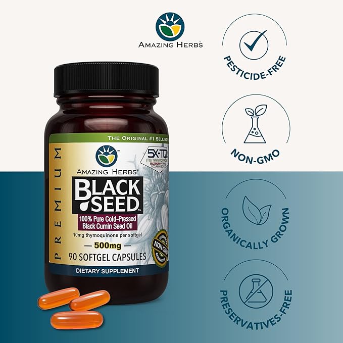 Amazing Herbs Premium Black Seed Oil Capsules - Gluten Free Non GMO Cold Pressed Nigella Sativa Aids in Digestive Health Immune Support- 90 Count (Pack of 1)