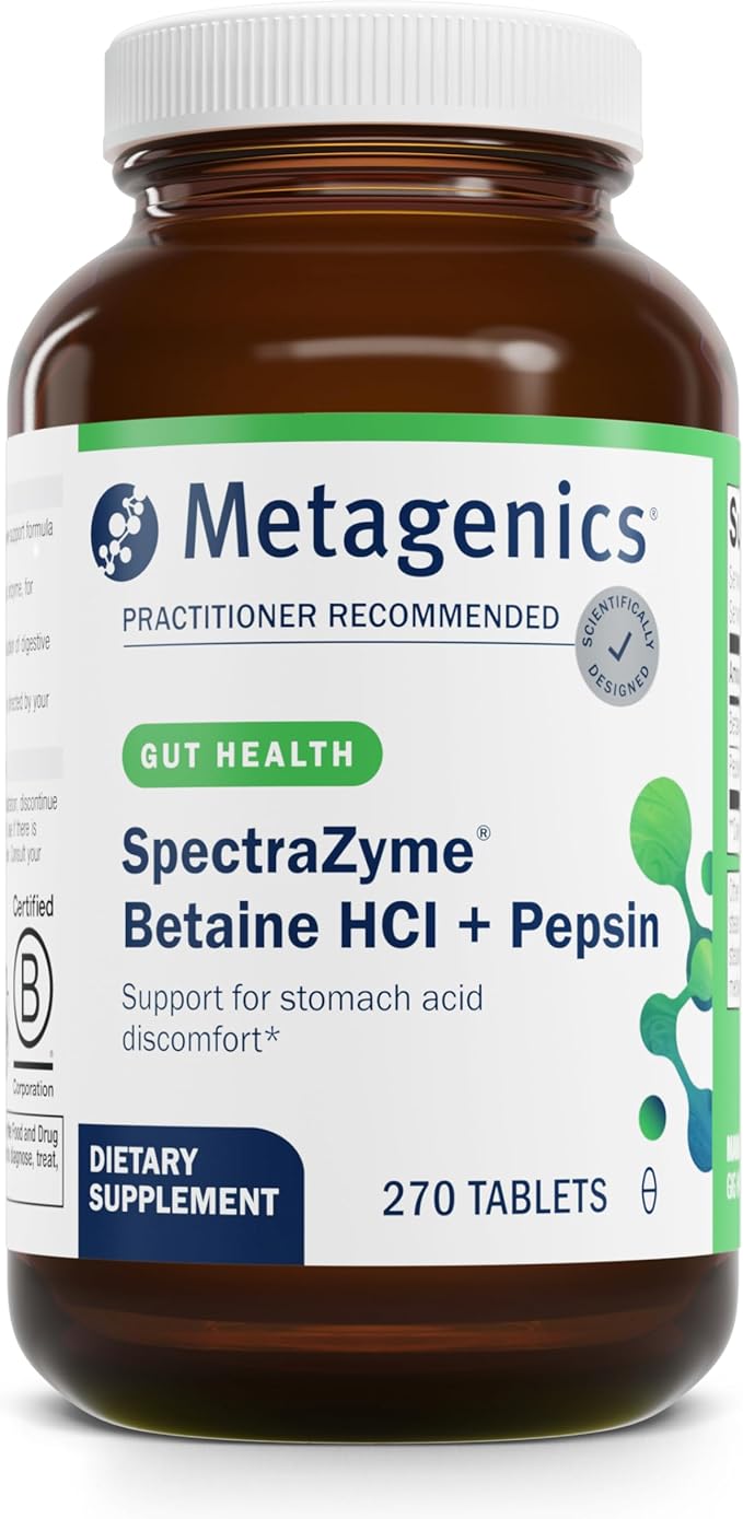 Metagenics SpectraZyme Betaine HCl with Pepsin - Digestive Support for Protein Breakdown &amp Nutrient Absorption* - Betaine Hydrochloride 650 mg &amp Pepsin 40 mg - Non‑GMO Gluten‑Free - 270 Capsu