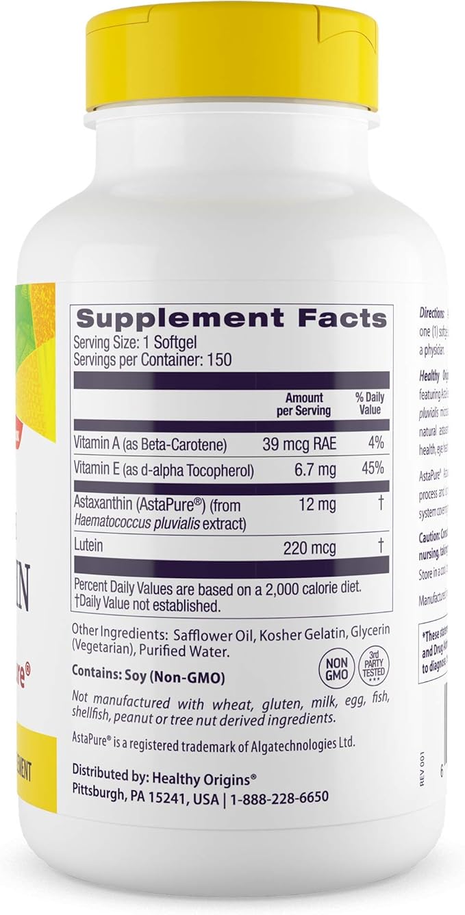 Healthy Origins Astaxanthin 12 mg (Natural Astapure Triple Strength Non-GMO Gluten Free Eye Support Joint Support Immune Support) 150 Softgels
