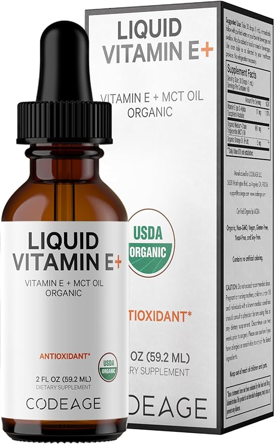 Codeage Liquid Vitamin E+ - USDA-Certified Organic Vitamin E - 2-Month Supply - D-Alpha Tocopherol Acetate Organic MCT Oil Orange Fruit Oil Unflavored Non-GMO Vegan Gluten-Free 2 fl oz