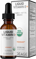 Codeage Liquid Vitamin E+ - USDA-Certified Organic Vitamin E - 2-Month Supply - D-Alpha Tocopherol Acetate Organic MCT Oil Orange Fruit Oil Unflavored Non-GMO Vegan Gluten-Free 2 fl oz