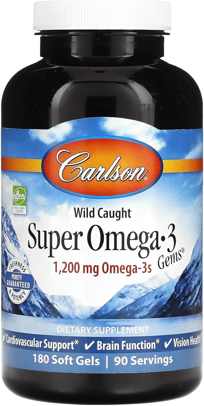 Carlson - Super Omega-3 Gems 1200 mg Omega-3s Cardiovascular Support Brain Function &amp Vision Health 180 soft gels
