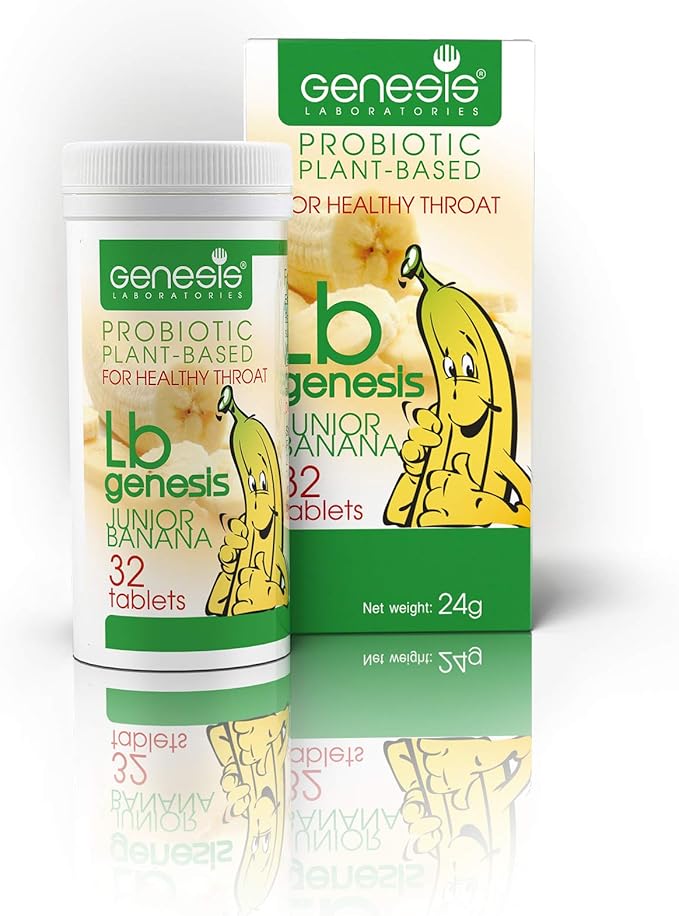 Genesis LB Junior Banana Vegan Probiotic Lozenges – Lactobacillus Bulgaricus with Freeze-Dried Bananas &amp Xylitol – Supports Throat and Gut Health – Dairy-Free Gluten-Free Non-GMO 32 Tablets