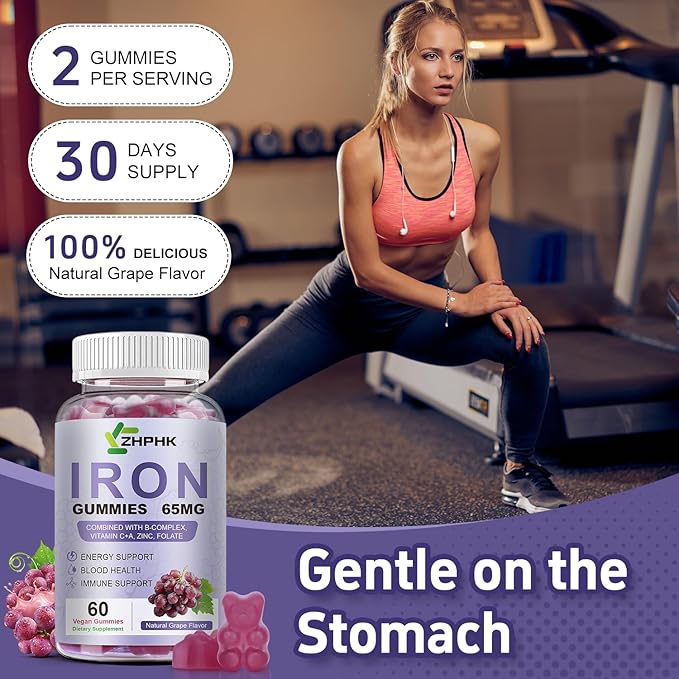 Vegan Iron Supplement 65mg Iron Gummies for Women and Men with Vitamin C 250mg Vitamin A B-Complex Biotin Zinc &amp Folate Folate for Energy Boost Immune Health 120 Count
