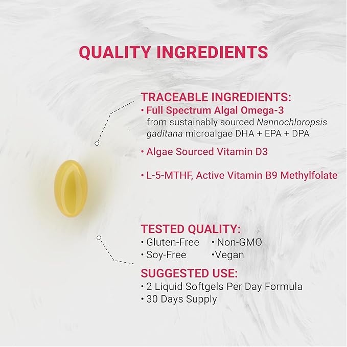 Naturalis Vegan Prenatal with Full Specrum Omega-3 | Algae DHA EPA DPA Vitamin D3 &amp Active Folate L 5-MTHF | Vegan Society Certified Sustainably Sourced Non-GMO &amp Soy Free | 60 Veggie Sof
