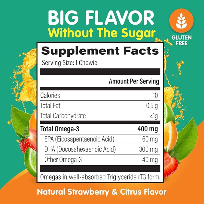 OmegaVia Omega 3 Chewies - Ultra-High DHA Chewables - Omega 3 for Kids Supports Brain &amp Eye Health - Sugar-Free Natural Fruit Flavor - Kids Omega 3 Fish Oil Chewies (30 Count)