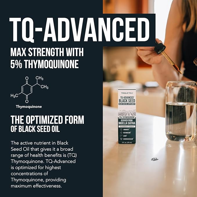Black Seed Oil Liquid | 5% Thymoquinone - TQ-Advanced® | High Potency - 100 mg per Serving - 15:1 Concentrate from Nigella Sativa Extract Raw Form Vegan Formula Glass Bottle (30 Servings)