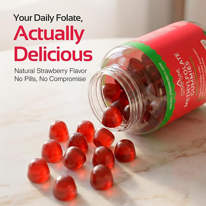 CogniTune Methylfolate Gummies for Kids and Adults - L-Methylfolate 1000mcg 5-MTHF Folate Supplement - MTHFR Support - Strawberry Chewable Vitamin B9 - Non-GMO Vegan - 60 Count