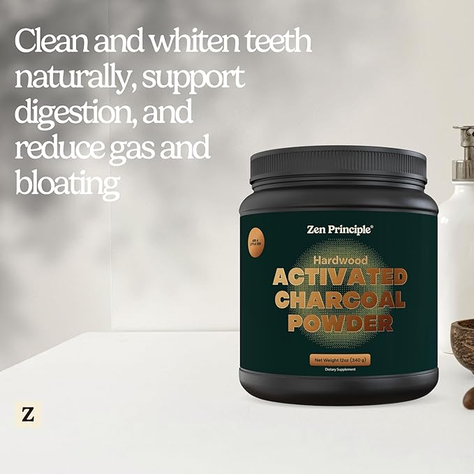Zen Principle Activated Charcoal Powder only from USA Hardwood Trees. All Natural. Whitens Teeth Rejuvenates Skin and Hair Supports Better Digestion. Free Scoop Included. 12 oz.