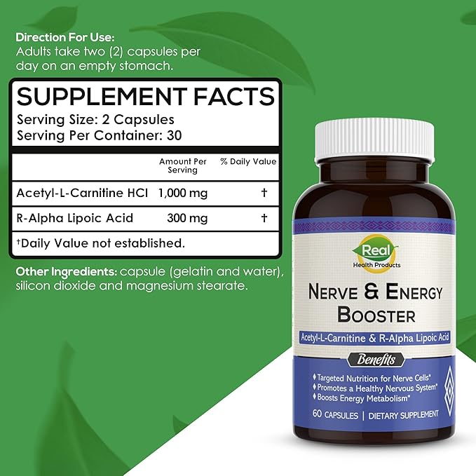 ALA Supplement - R-Alpha Lipoic Acid 300mg &amp Acetyl L-carnitine 1000mg - Nerve &amp Energy Booster for Nerve Cardiovascular Cognitive Function &amp Antioxidant Support 60 Capsules 30 Days Su
