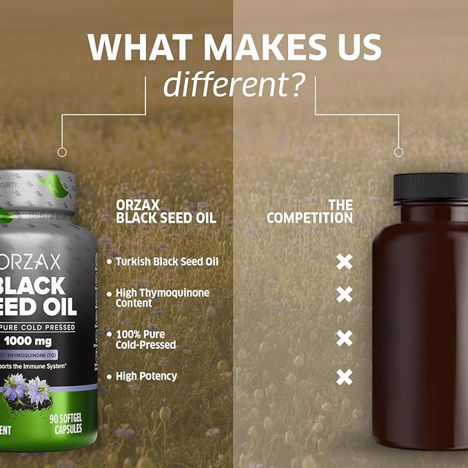 ORZAX Black Seed Oil Cold Pressed 100% Pure | Non-GMO - Rich in Omega 3 6 9 &amp Thymoquinone | Black Cumin Nigella Sativa Oil for Immune Support Hair Skin Face (1000 mg - 90 Softgel Capsules)