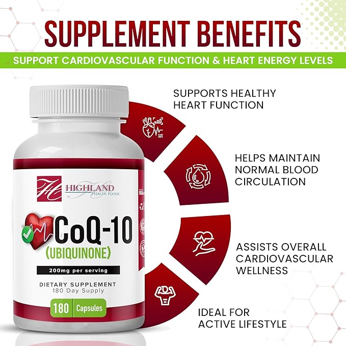CoQ10 200mg 180 Vegetarian Capsules for Heart Health Non-GMO Easy to Swallow Supports Cellular Energy Production and Cardiovascular Health