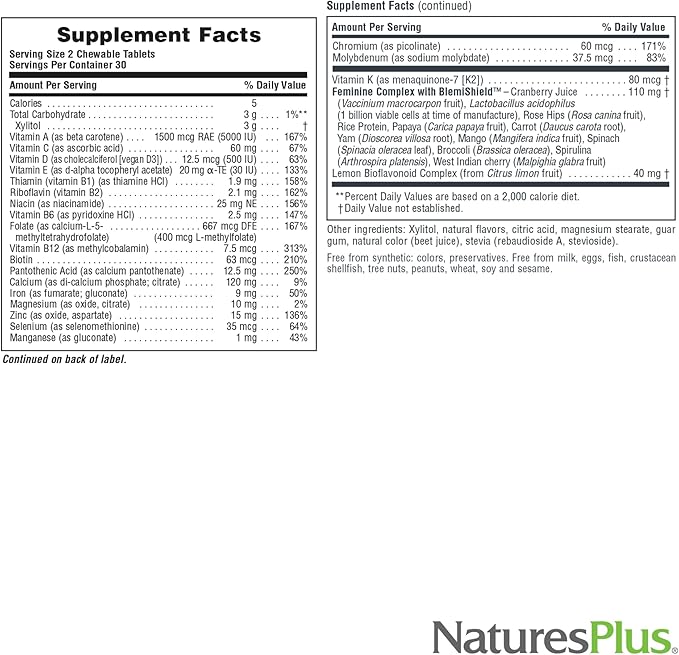 NaturesPlus Source of Life Power Teen for Her Natural Berry - 60 Chewable Tablets - High Potency Multivitamin - Sugar Free Vegan - 30 Servings