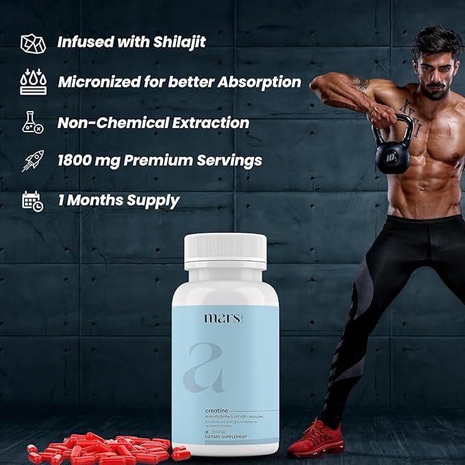 Mars Micronized Creatine Monohydrate Caps: Powered with Shilajit (120 N) | 100% Pure and Natural | Good Health Company - Pack of 1