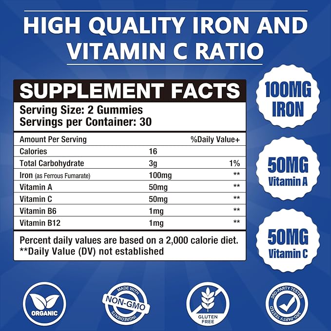 2 Pack 100MG Iron Supplements Gummies for Women &amp Men - Vitamin C A B12 - Complex Improve Absorption Energy Boost Iron Deficiency Anemia for Adults &amp Kids - Complex Folate Zinc 120Cts