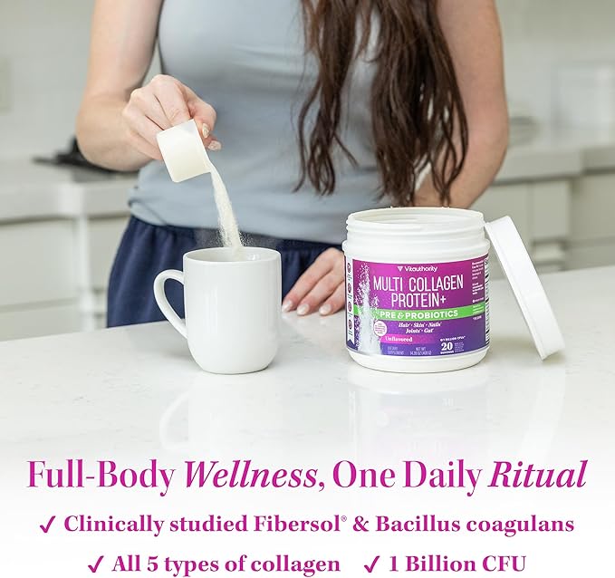 Multi Collagen Probiotics for Women Prebiotics Protein Powder | 20g Collagen Peptides Hyaluronic Acid Vitamin C &amp Fibersol Prebiotic Support Skin Elasticity Digestion Gut Health Unflavored 20 Serv