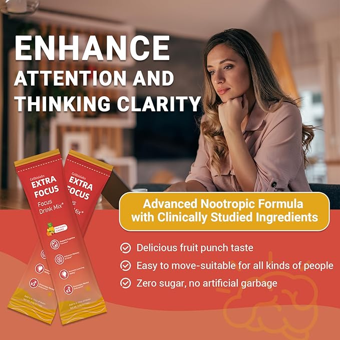 Nootropic Extra Focus Drink Mix 30 Packs On-The-Go Sticks Featuring Alpha-GPC Lion's Mane &amp Rhodiola Sugar-Free Packets Fruit Punch Clean Drink Mix