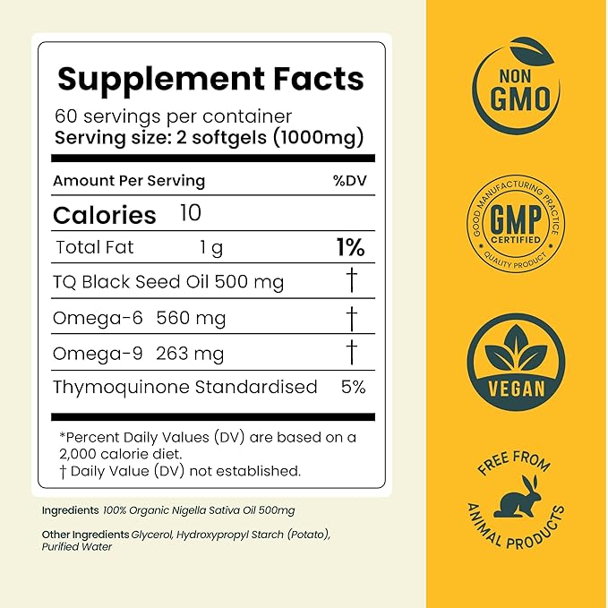Black Seed Oil Organic Cold Pressed Capsules | 5% Thymoquinone | Non-GMO &amp Vegan | Nigella Sativa Black Cumin Seed Oil Omega 3 6 9 Adult Wellness Support - 120 Softgels 2 Months Supply
