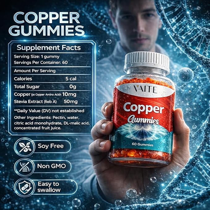 VAITE Copper Supplement Gummies 10 mg Amino Acid Chelate – Trace Mineral that Plays a Role in Collagen Formation Gentle on Stomach Supports Daily Nutrition &amp Balance – Vegan Non-GMO 60 Count