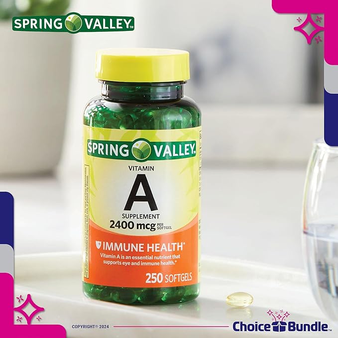 Spring Valley Vitamin A Supplement 2400 mcg Softgel 250 Ct 2 Pk (500 Total) + Vitamin Vitality &amp Pill Container (4 Items)!