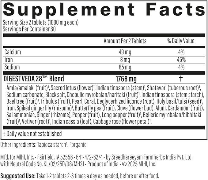 DigestVeda 28™ Ayurvedic Digestive Support Supplement | with Amla Sacred Lotus Vetiver &amp Cardamom | Supports Agni Balance Occasional Acidity Relief Bloating &amp Gut Comfort | 60 Tablets