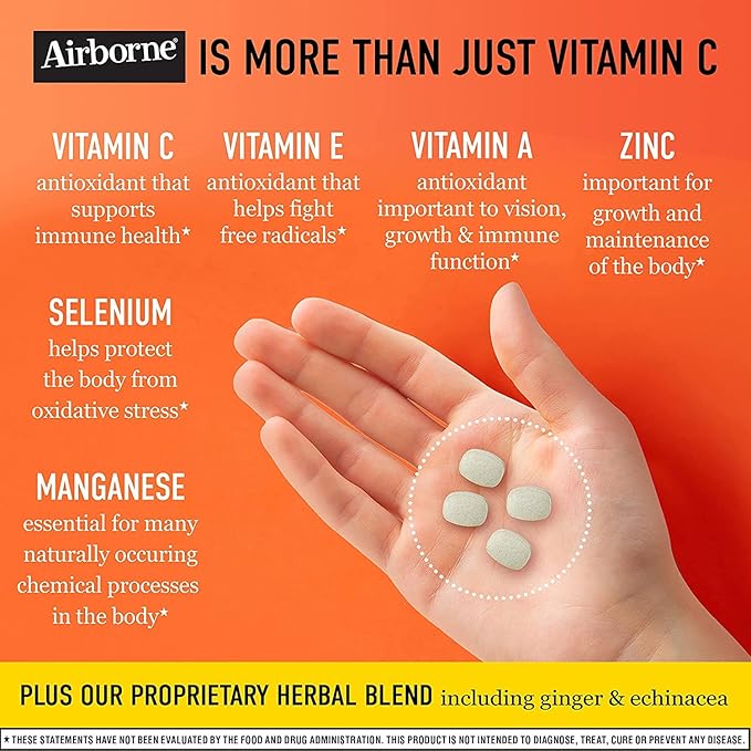 Airborne 1000mg Vitamin C + Zinc Immune Support Supplement Chewable Tablets Very Berry &amp Citrus Flavor with Powerful Antioxidants Vitamins A C &amp E 116 Chewable Tablets (Very Berry + Citrus)