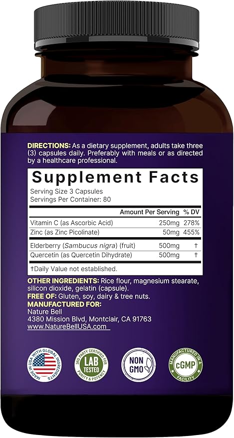 NatureBell Elderberry Quercetin 4-in-1 with Vitamin C &amp Zinc 240 Capsules | Traditional Herbal Supplement | 500mg Sambucus Nigra 500mg Quercetin 250mg Vitamin C 50mg Zinc Picolinate per Servin