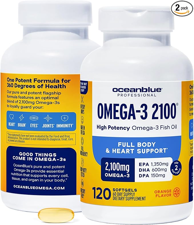 Oceanblue Professional Omega-3 2100mg Fish Oil Supplement Triple Strength High Potency EPA DHA &amp DPA Burpless Wild-Caught Natural Orange Flavor 120 Count Softgels (Pack of 2)