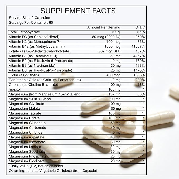 Magnesium 25-in-1 Complex Supplement – 700mg High Absorption Magnesium Glycinate Citrate Malate &amp Taurate Blend for Muscle Nerve Sleep Support – 120 Vegan Capsules for Women &amp Men (1)