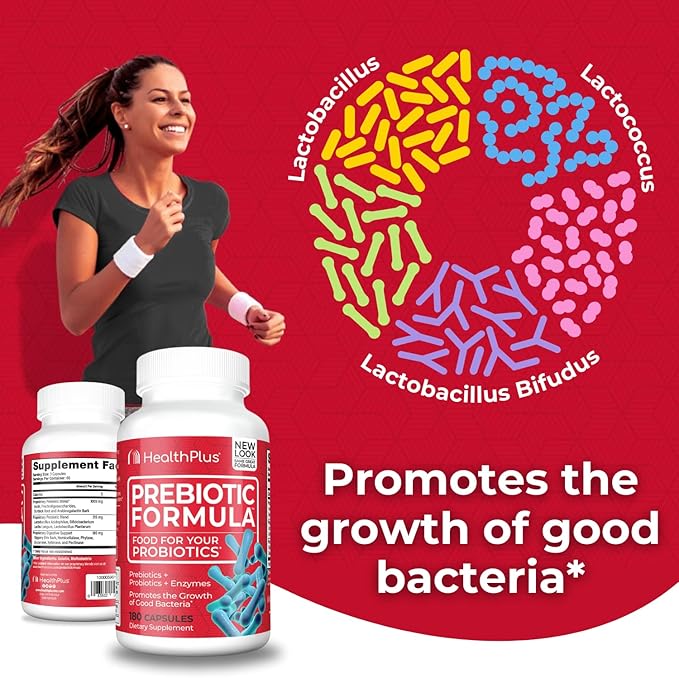 Health Plus Prebiotic Formula - Probiotics + Prebiotics + Digestive Enzymes - Gluten Free Dairy Free Natural Herbal Ingredients (180 Capsules 60 Servings)