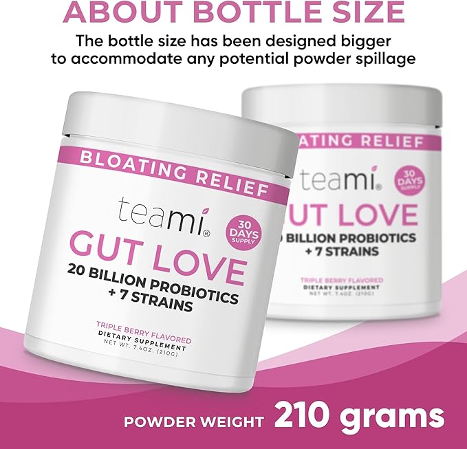Teami Prebiotic and Probiotic Powder for Women - Promotes Digestion Bloating Relief &amp Belly Balance - Gut Health Powder with 20 Billion Probiotics &amp 7 strains - Triple Berry Gut Love 30 Serv