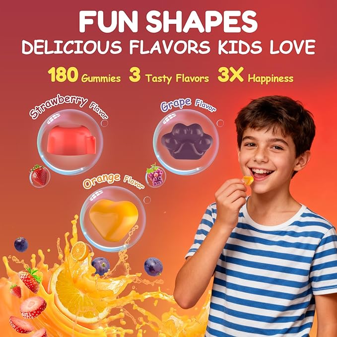 Kids Multivitamin Gummies 180 Count - Eye Brain &amp Gut Support - Sugar-Free Vitamins for Kids - with Lutein Omega-3 DHA &amp Prebiotics - 3 Fruit Flavors - Ages 2+