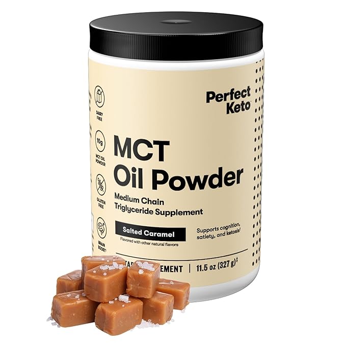 Perfect Keto 7g MCT Oil Powder Medium Chain Triglycerides Supplement Non Dairy Coffee Creamer for Keto Diet Ketogenic MCT Oil Mix for Coffee Smoothie Protein Shakes Salted Caramel 30 Servings