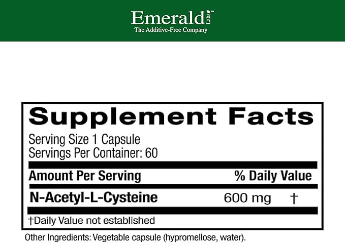 EMERALD LABS NAC 600mg - N-Acetyl-L-Cysteine - Vegan Amino Acid Supplement That Supports Detoxification - 60 Vegetable Capsules (60-Day Supply)