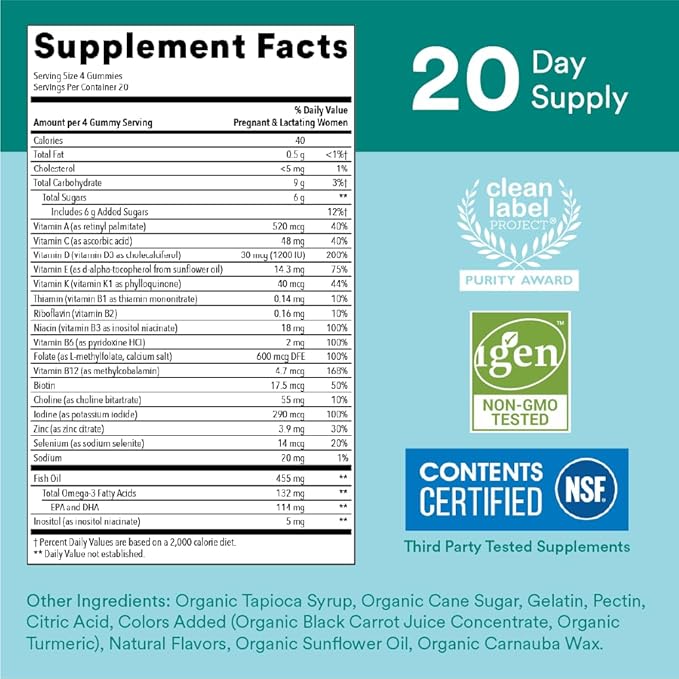 SmartyPants Prenatal Vitamins for Women Multivitamin Gummies: Omega 3 Fish Oil (EPA/DHA) Biotin Methylfolate Vitamin D3 C Vitamin B12 B6 A K &amp Zinc Inositol 80 Count (20 Day Supply)