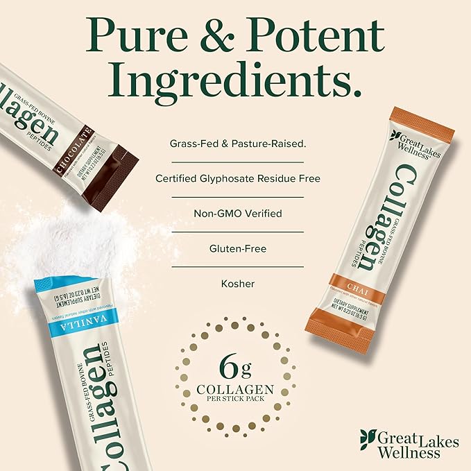 Great Lakes Wellness Collagen Peptides Powder for Skin Hair Nails Joints &amp Digestion - Variety Flavors - Quick Dissolve Hydrolyzed Non-GMO Kosher - 12 Sticks