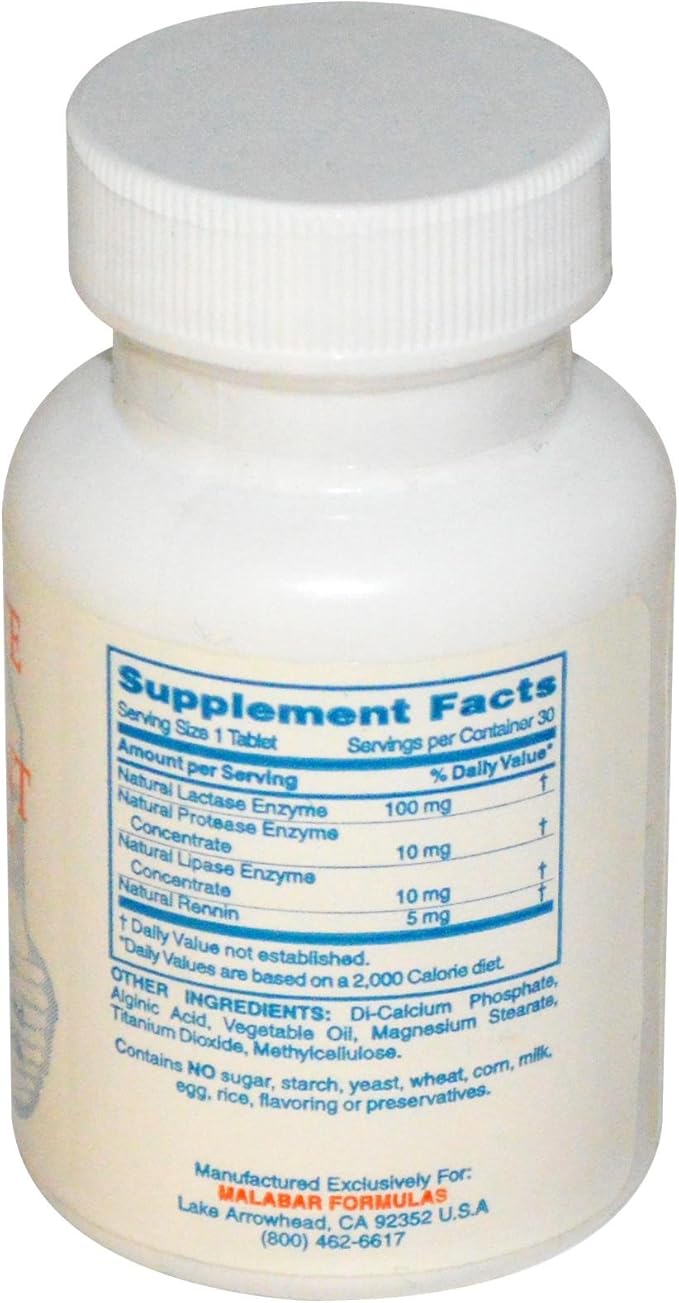 Malabar Complete Milk Digestant - Making Milk and Dairy Food Easier To Digest - 30 Tablets