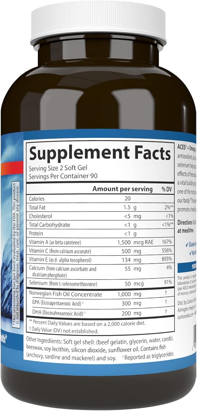 Carlson - ACES + Omega Vitamins A C E &amp Selenium + Omega-3s EPA and DHA Health Support 180 Softgels