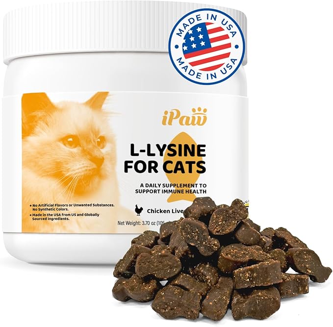 iPaw L-Lysine Chews for Cats Daily Immune and Respiratory Support for Cats Lysine Treats Supplement Made in USA Chicken Liver Flavor (70 Chews)