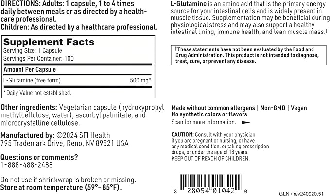 Klaire Labs SFI Health L Glutamine Capsules - 500 Milligrams Hypoallergenic Amino Acids Supplement - Supports Muscle &amp GI Function - Dairy Free &amp Gluten Free (100 Capsules)
