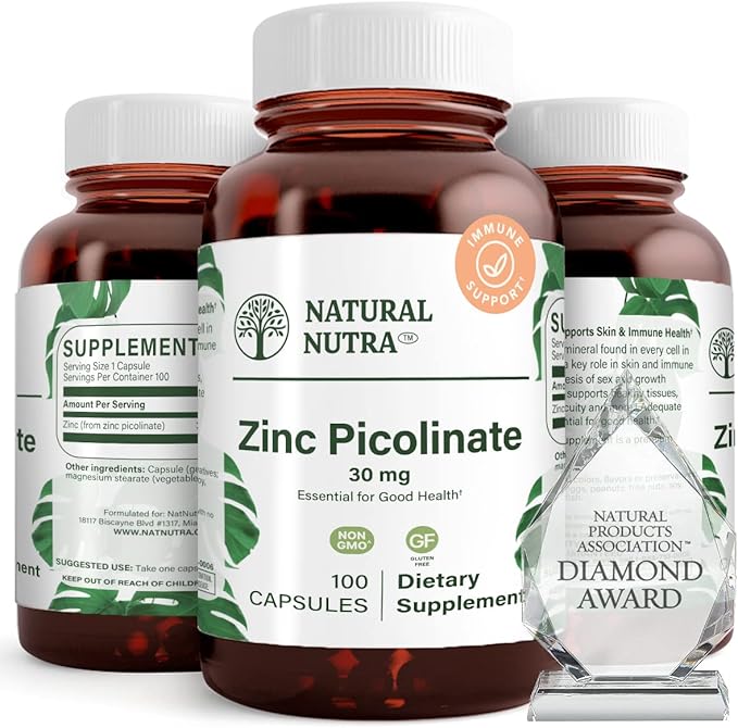 Natural Nutra Zinc Picolinate 30 mg Double Strength Raw and Pure Highly Bioavailable Supplement for Growth and Immune Support Helps Promote Skin Health Helps Support Metabolic System 100 Capsules