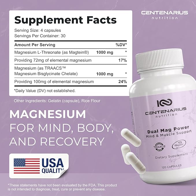 Centenarius Nutrition Dual Mag Power – Advanced Magnesium Complex with Magtein &amp TRAACS for Focus Sleep Muscle Recovery &amp Energy Balance