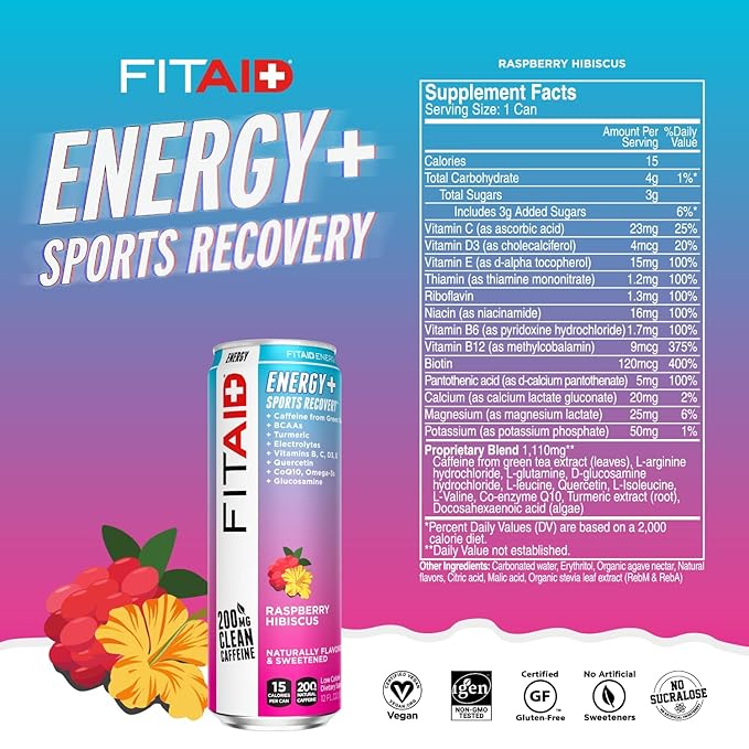 LIFEAID FITAID Energy Drink 200mg Natural Caffeine Keto 15 Calories Variety Pack BCAAs Quercetin Electrolytes Omega-3s Paleo Vegan &amp Gluten-Free 12-oz. cans (Pack of 24)