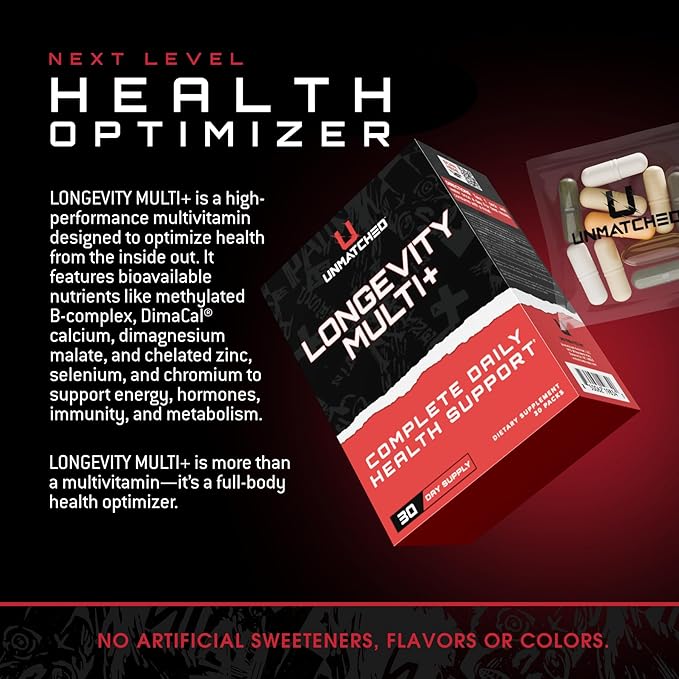 Unmatched Longevity Multi+ | Complete Daily Health Support | Methylated Vitamins &amp Minerals Omega-3s Nootropics &amp Longevity Agents | 30 Packs 30 Day Supply