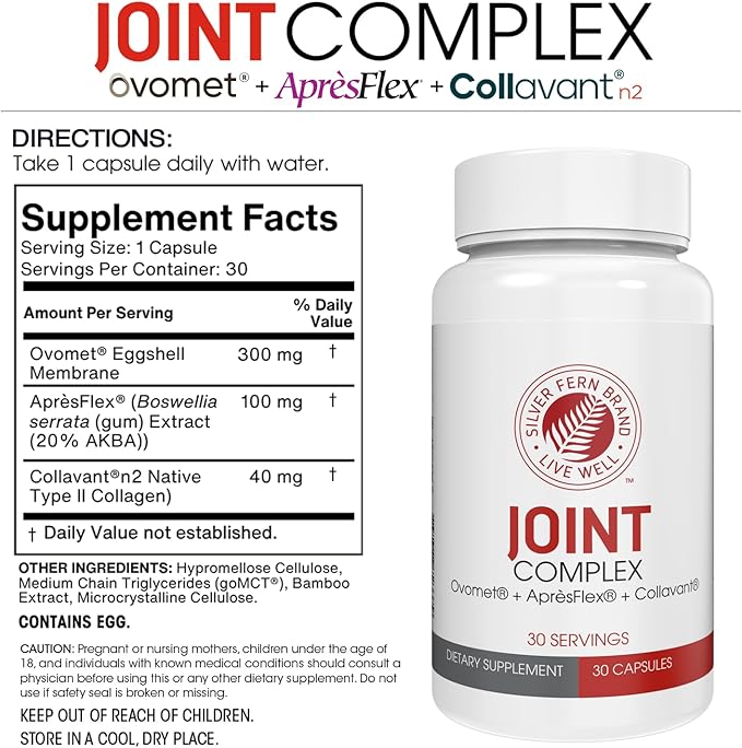 Silver Fern Brand Joint Complex – Daily Joint Support with AprèsFlex Boswellia Ovomet Eggshell Membrane &amp Type II Collagen – 120 Capsules 30-Day Supply
