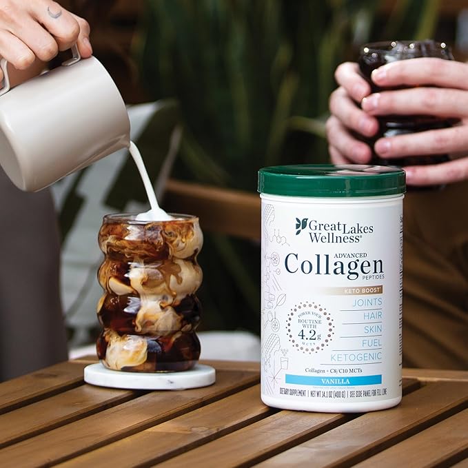 Great Lakes Wellness Keto Boost Advanced Collagen Peptides Powder with 4.2g MCTs - Vanilla Flavored - Nutritiously-Rich Non-Dairy Coffee Creamer or Smoothie Alt - Non-GMO Kosher - 14.1 oz