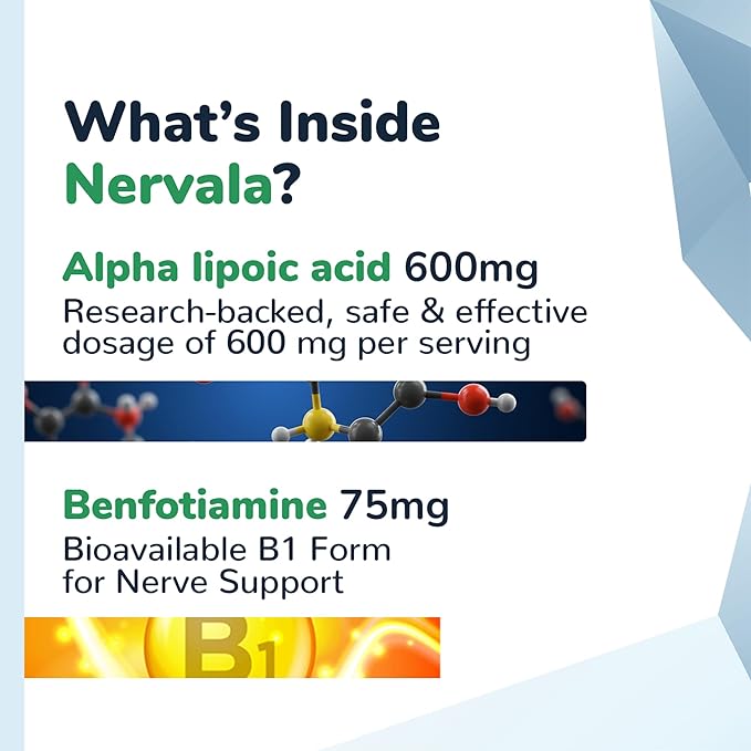 Nervala - Alpha Lipoic Acid 600mg - ALA Supplement Antioxidant for Nerve Energy &amp Circulation Support- Extra Strength with Benfotiamine - Made in USA Lab Tested - 30 Capsules 1 Month Supply
