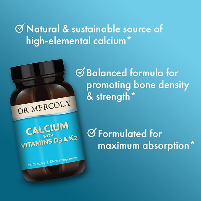 Dr. Mercola Calcium with Vitamins D3 &amp K2 - Supports Bone &amp Heart Health* - Calcium with Vitamins D3 &amp K2 - Eggshell-Derived - Non-GMO Gluten-Free &amp Soy Free - 90 Capsules (90 Serving