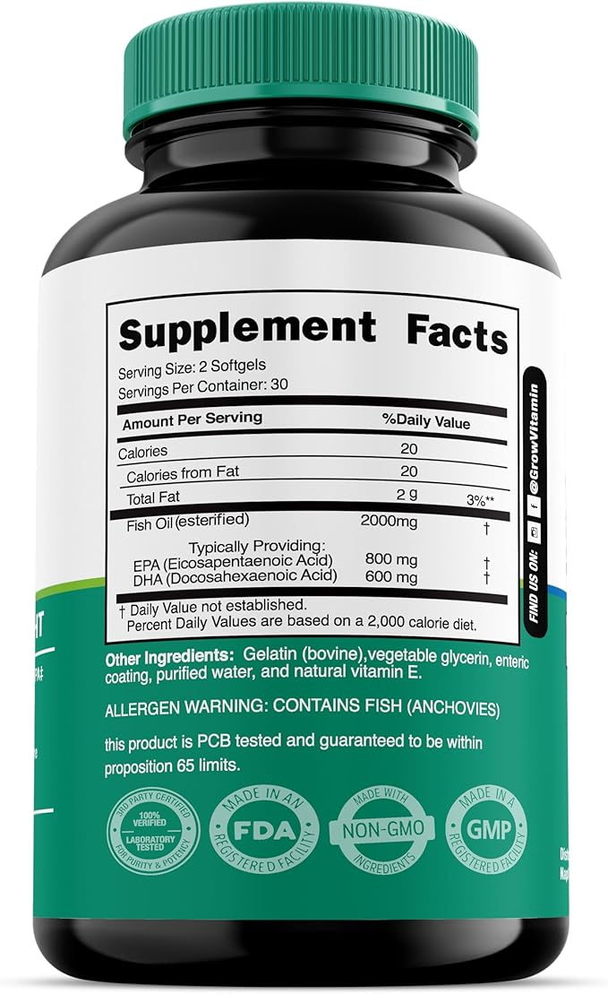 grow vitamin OmegaVita Fish Oil : 800 mg EPA 600 mg DHA Omega 3 Supplement for Heart Brain &amp Immune Support Absorbable Triple Strength Fish Oil Supplement - 2000 mg Per Serving 30 Day Supply